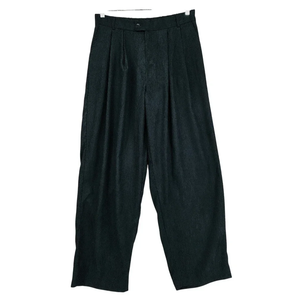JUNY Wide Leg Baggy Corduroy Pant M 32x31 Men Black Pleated Velour Relaxed Retro